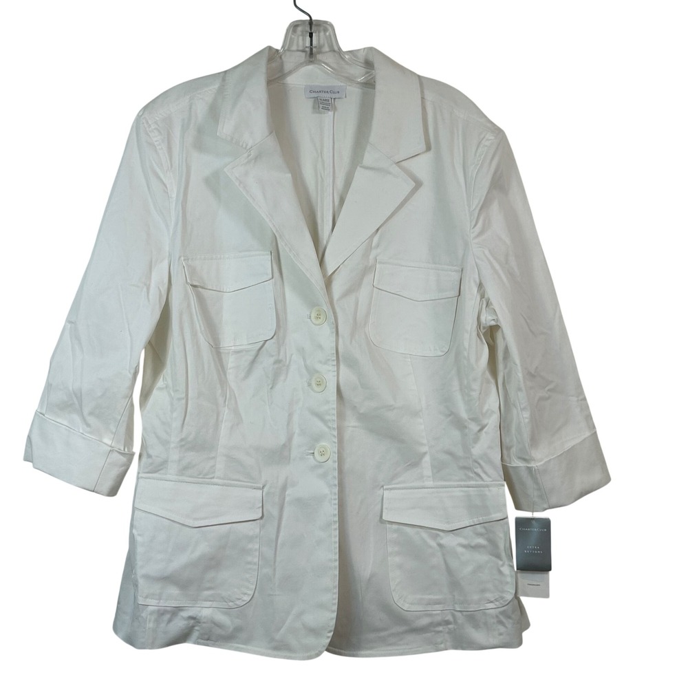 Charter Club Womens XL White 4-Pocket Utility Blazer Jacket 3/4 Sleeve Flaw